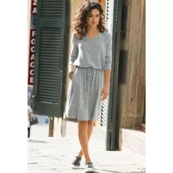 NEW Soft Surroundings Easy Living Heather Grey Fleece Blouson Dress Women's L - Picture 1 of 7